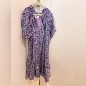 Lilac Floral Midi Dress with Puff Sleeves